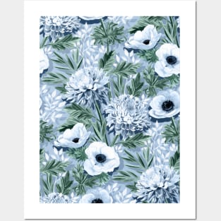 Anemones and Chrysanthemums in Green, Blue and White Posters and Art